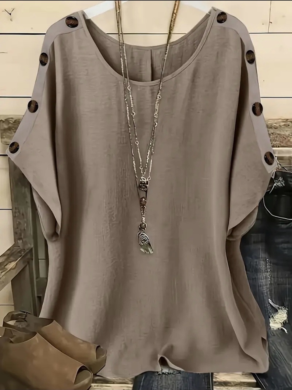 Relaxed Button-Sleeve Blouse in Taupe